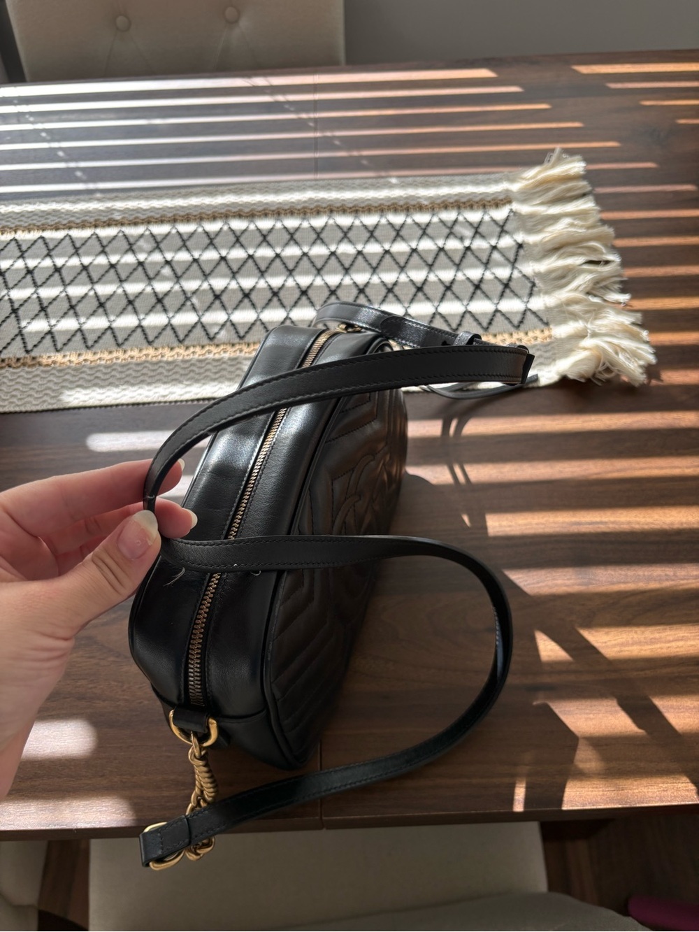 Gucci Black Leather GG Marmont Chevron Camera Bag with Gold Hardware - Picture 6 of 10